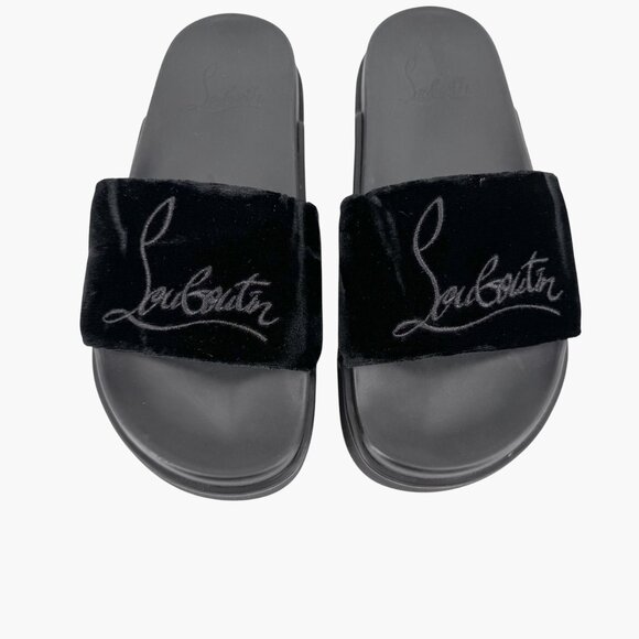 Christian Louboutin 'Navy Pool' Slide Sandals Size 37 US 7 Black Velvet Logo 26 - Picture 4 of 12